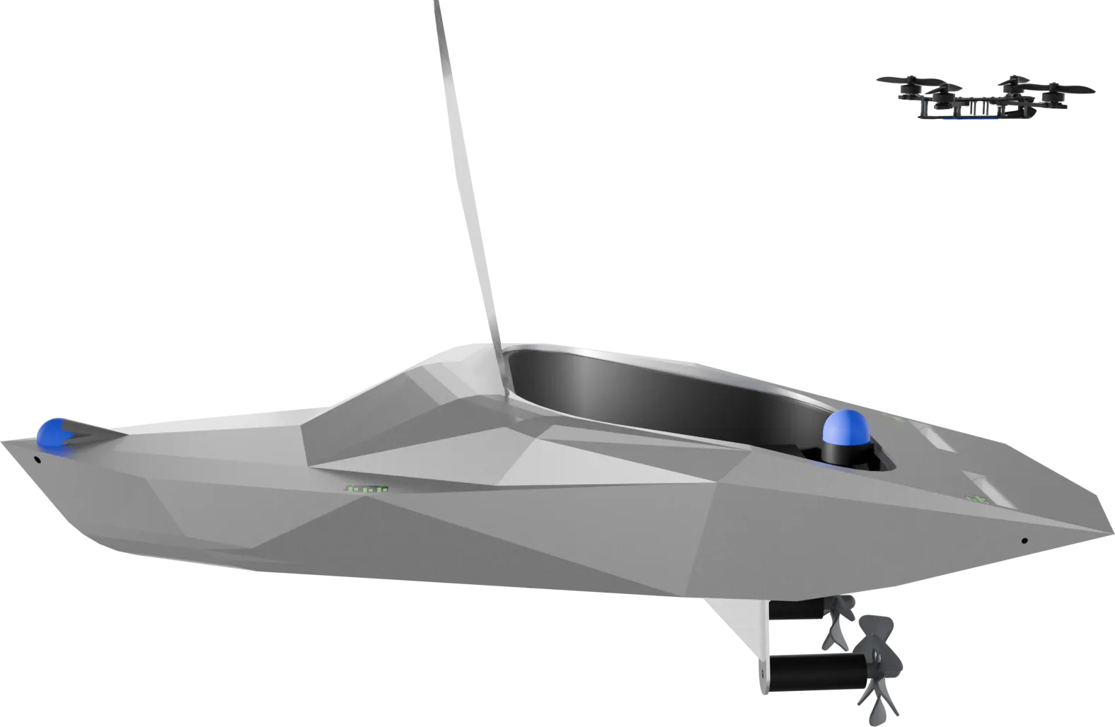 Side render of Mobula with the drone bay hatch standing open above the deck, one lidar dome at the tip of the bow and a second on the aft rim of the bay, both picked out in blue, and the quadcopter airborne off the stern