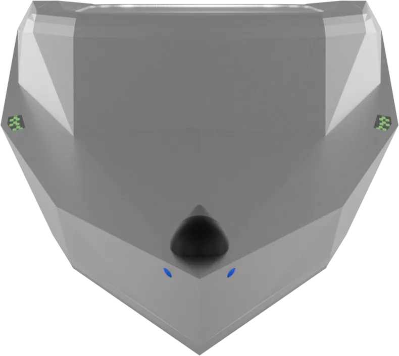 Head-on render of Mobula's bow showing the forward dome and a camera aperture either side of it, picked out in blue